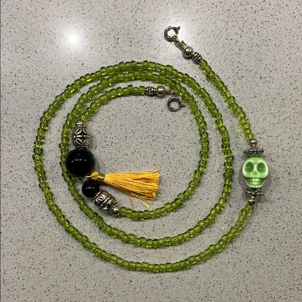 Beaded Mask Chain with Green Skull